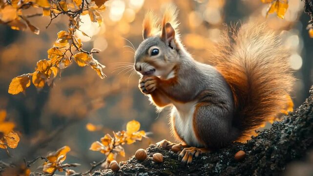 A squirrel sits on a branch and nibbles a nut.