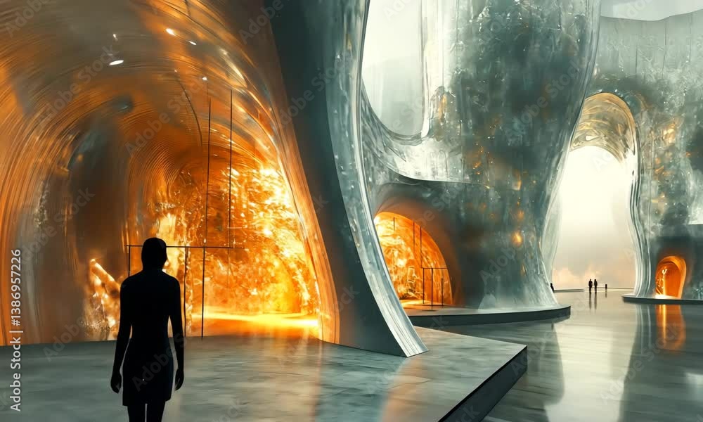 Poster futuristic architecture inside a colossal building with glowing portals and lone silhouette