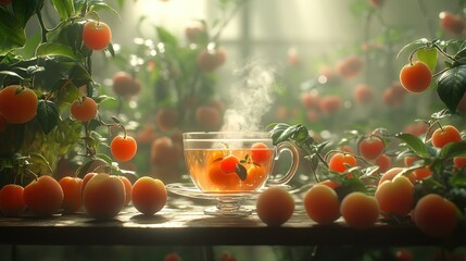 Warm tea surrounded by fresh fruit