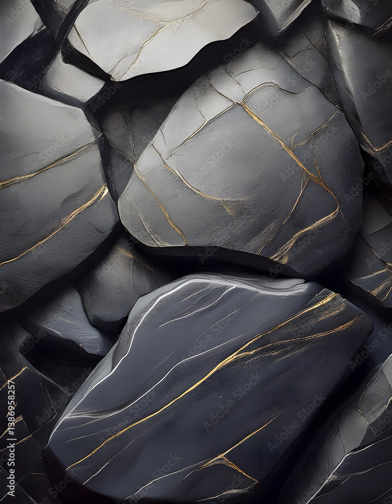 Poster A close-up view of textured, dark rocks with intricate patterns and golden veins, creating an eye-catching geological composition