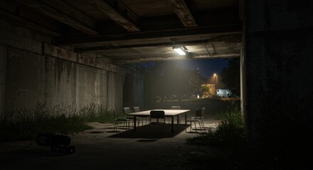 Table and Chairs Under Bridge at Night Offering an Eerie Aesthetic