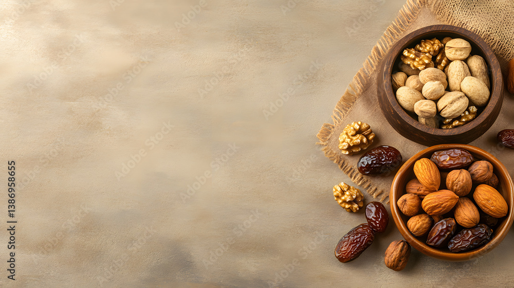 Poster assorted nuts and dates in bowls on rustic background