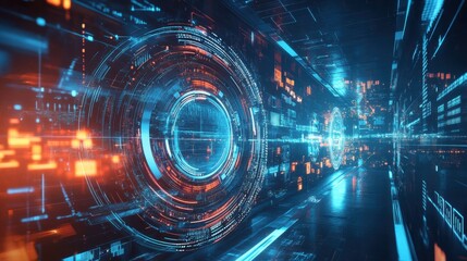 Obraz premium Futuristic Technology Corridor with Glowing Circuits and Data Streams in a Dynamic Digital Environment