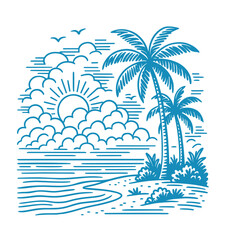 Nature scene with clouds and sun rising over beach with palm trees for t-shirt print graphic design, summer vacation theme, travel and tropical island getaway