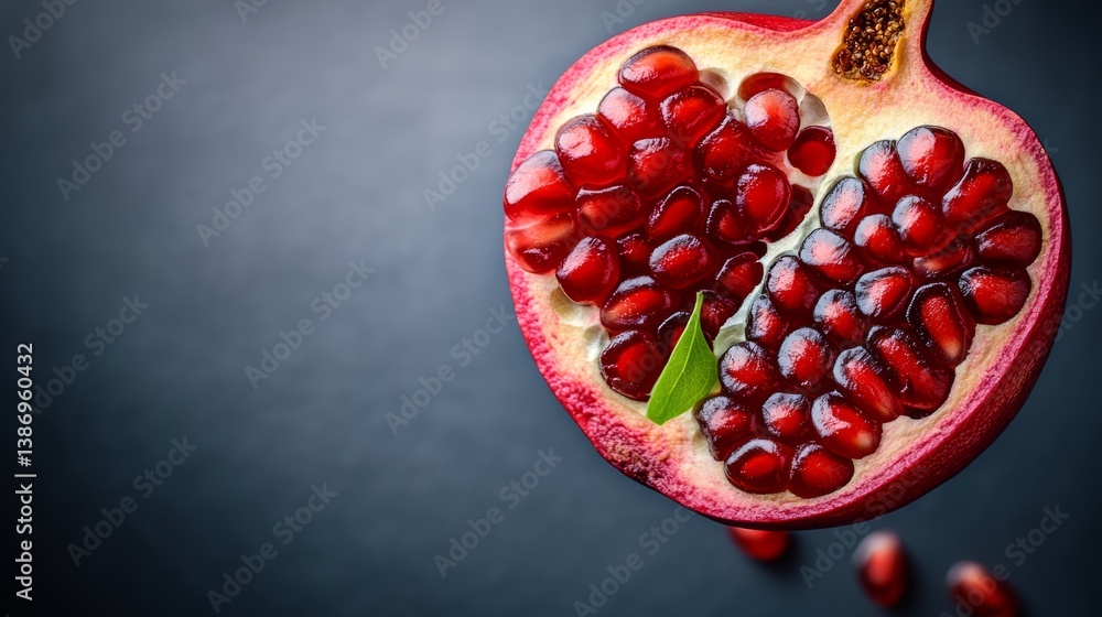 Poster a close up of a red pomegranate with a leaf sticking out of it. the pomegranate is sliced in half an