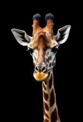 Fototapeta premium A close up of a giraffe's face on a black background