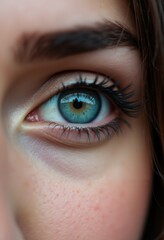  A close up of a woman's blue eye with long eyelashes