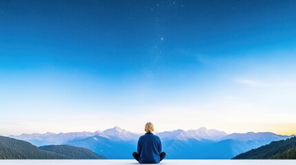 Fototapeta premium A person sits cross-legged atop a platform, facing a majestic mountain range under a vast, clear sky. The composition is serene and minimalist. The image is high-quality, with natural lighting creati