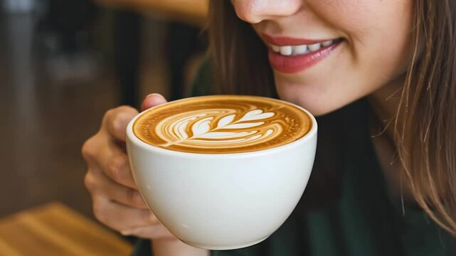 Woman Enjoying a Latte Art Coffee