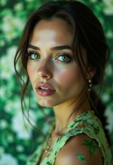 Naklejka premium A woman with green eyes in front of a green wall