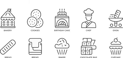 Bakery Icon Set Featuring Bread Cookies Cake Chef And Other Baking Related Items