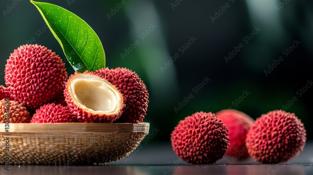 Poster a bowl of red limes with one of them cut open. the bowl is on a table with a green leaf on top of th