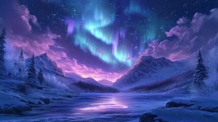 Fototapeta premium Majestic aurora borealis illuminating serene winter mountain landscape