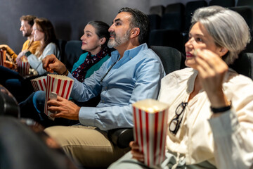 People watching movie and eating popcorn in cinema