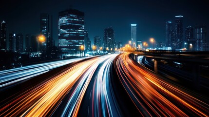Naklejka premium Night Cityscape: Highway Lights and Urban Skyline