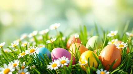 Fototapeta premium Empty text, easter and grass, easter eggs on grass, Copy space text,