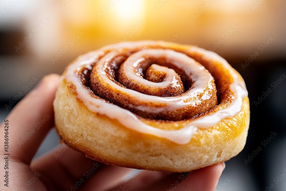 Poster a person is holding a cinnamon roll with a glaze on top. the roll is round and has a spiral pattern