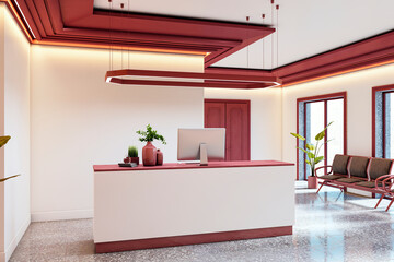 Modern reception room interior with red ceiling accents, minimalist desk and comfortable waiting area in a clean architectural space. 3D Rendering