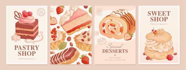 Pastry banner set. Sweets shop poster collection. Bakery card template. Hand drawn desserts and place for text. Package design, promotional, social media post. Vector illustration