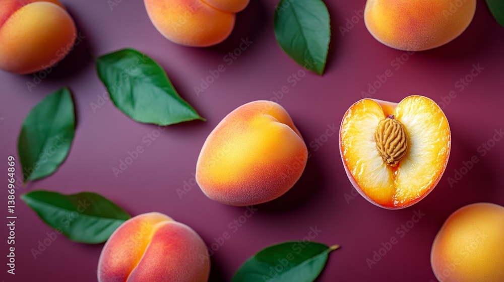 Poster a close up of a peach with a leaf on it. the peach is cut in half and the inside is visible