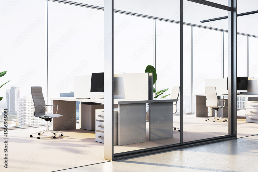 Poster modern corporate office interior with light-filled workspace and city view through glass partitions 