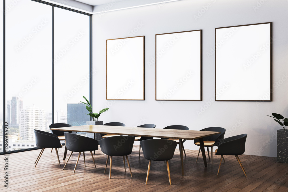 Poster modern conference room interior with blank poster frames on wall for design mockup and city view thr