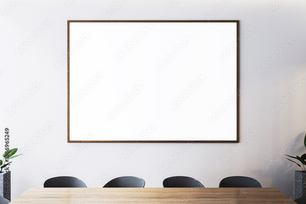 Poster blank canvas frame in modern conference room interior with wooden table and black chairs, perfect fo