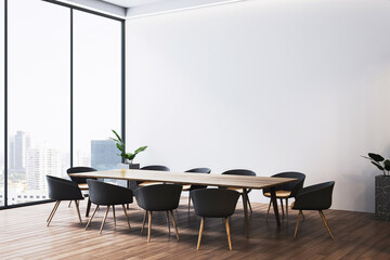 Modern conference room interior with city view, wooden floor, minimalist furniture, and natural lighting in clean architectural space. 3D Rendering