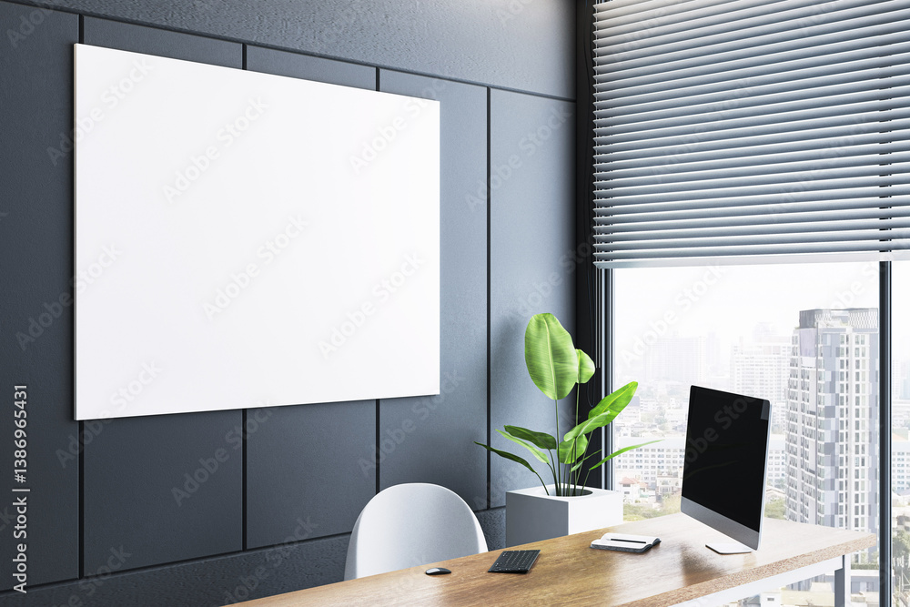 Poster modern office interior with blank canvas on dark wall above desk near window overlooking cityscape, 