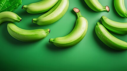A bunch of green bananas are arranged in a row on a green background. The bananas are all the same size and are positioned in a way that they appear to be stacked on top of each other