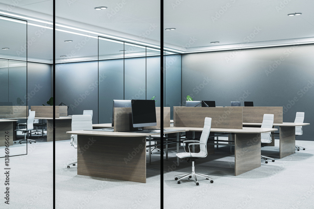 Poster modern open space office interior with minimalistic furniture, glass walls, and clean layout for bus
