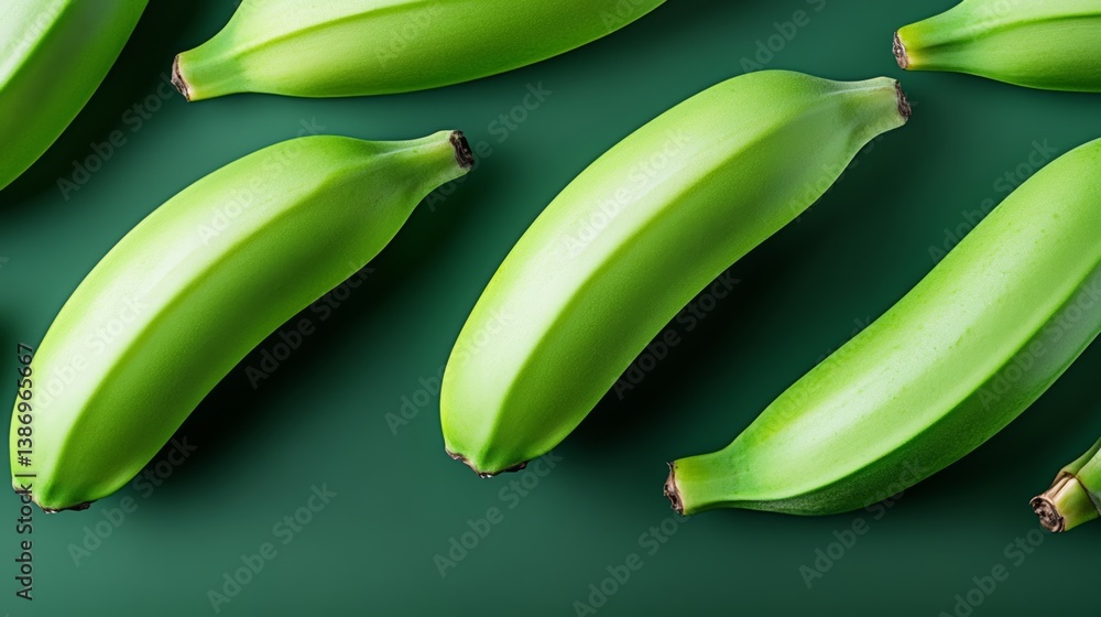 Poster a bunch of green bananas are arranged in a row. the bananas are all the same size and shape, and the