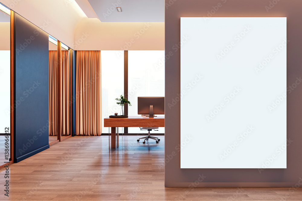 Aufkleber modern office interior with large blank canvas poster frame on wall for mockup presentation in clean