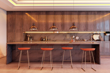 Contemporary kitchen interior with wooden cabinetry, marble island, pendant lighting, and modern bar stools in clean minimalist design. 3D Rendering
