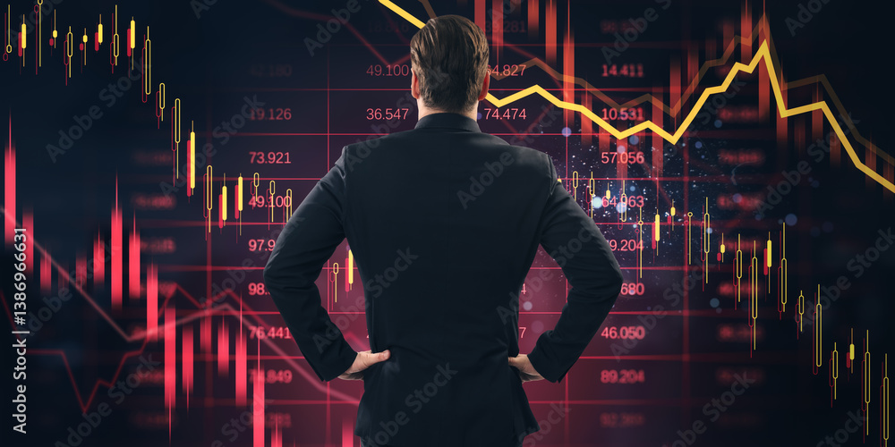 Poster businessman observing financial market crash with declining stock charts and red candlestick graphs 