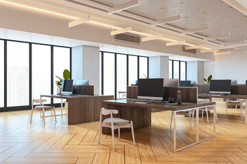 Modern open-plan office interior with wood flooring, large windows, and contemporary furniture in a clean and spacious business environment. 3D Rendering
