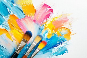 Fototapeta premium A painting with three different colored paintbrushes and a splash of color. The painting is full of life and energy, with the colors blending together to create a vibrant and dynamic scene