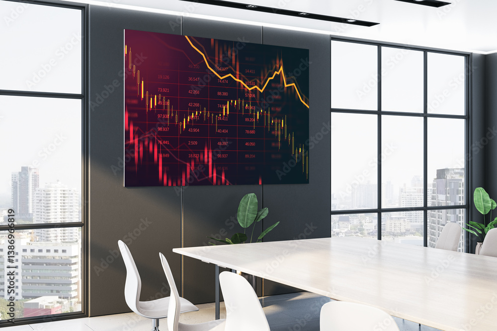 Poster modern office meeting room with digital financial chart screen on wall and panoramic city view throu