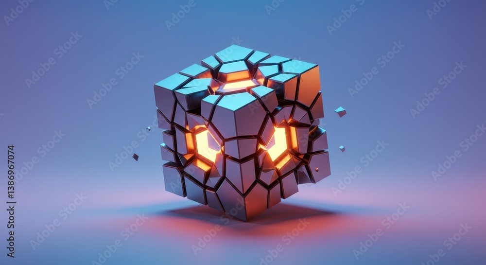 Poster shattered cube abstract 3d render: neon light glowing inside fractured geometric shape