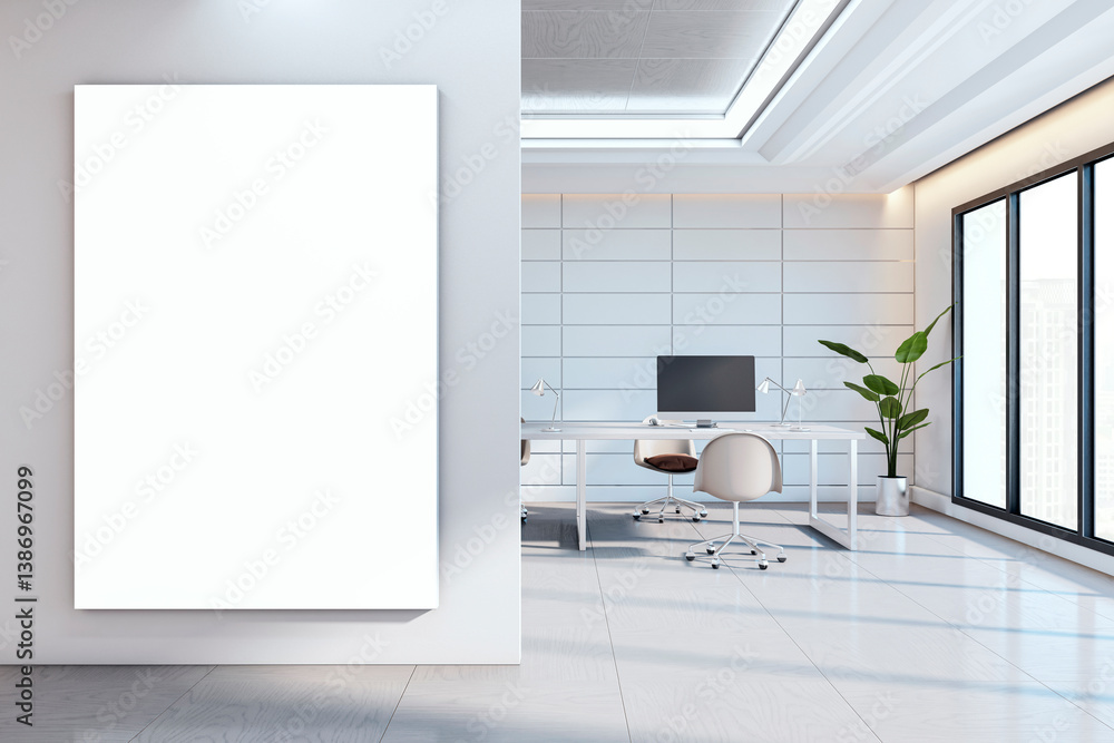 Poster modern office room with blank vertical canvas mockup on wall and bright contemporary workspace with 