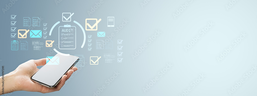 Aufkleber Person holding smartphone with floating checkmark icons and digital audit interface on light background representing modern virtual business tools.
