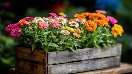 Naklejka premium A wooden crate filled with a variety of colorful flowers. The flowers are arranged in a way that creates a sense of harmony and balance. The crate is placed on a wooden table, which adds to the rustic