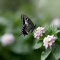 Naklejka premium Elegant Black and White Butterfly on Lantana Flower