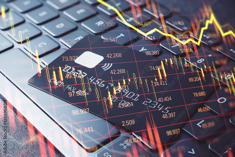 Poster credit card on laptop keyboard with financial stock chart overlay depicting fintech and banking cris