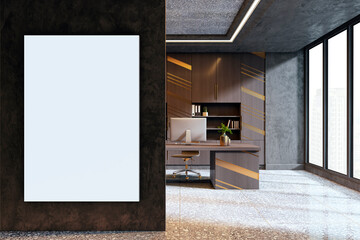 Modern office interior with blank canvas poster on dark wall and stylish furniture setup in elegant high-rise workplace environment. 3D Rendering
