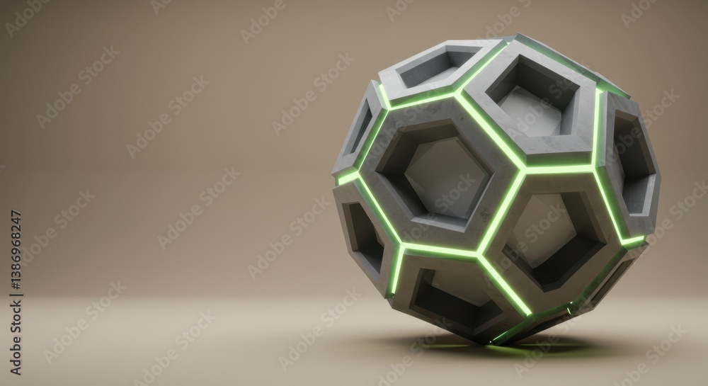 Poster futuristic geometric sphere with neon green accents: abstract 3d render of a complex hexagonal struc