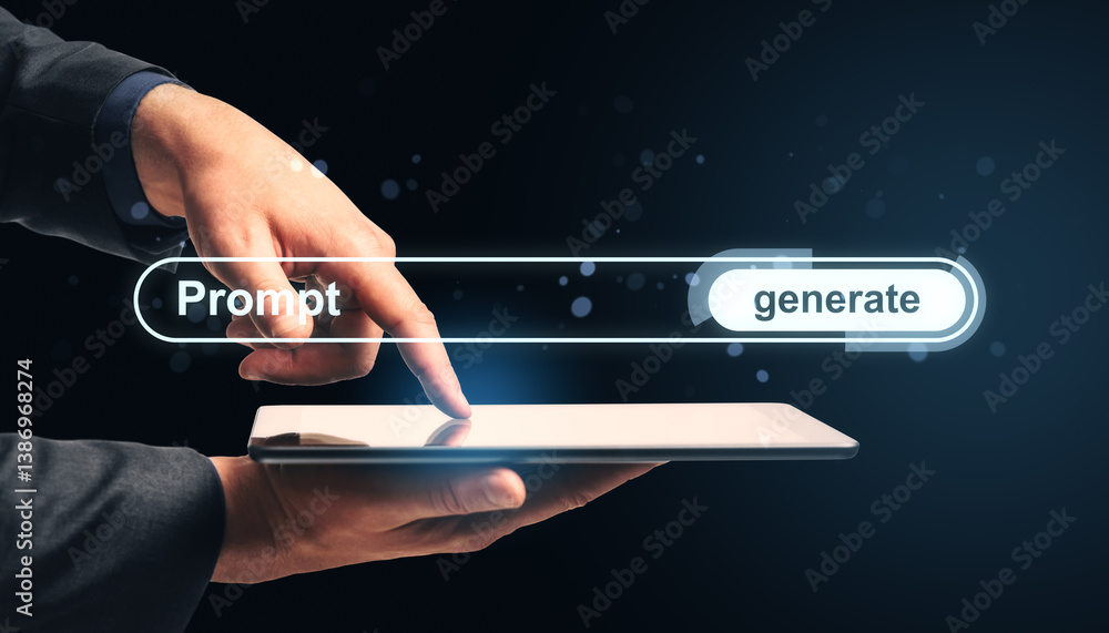 Aufkleber Businessperson using tablet to input prompt and generate output with futuristic digital interface on dark background conceptually illustrating AI use.