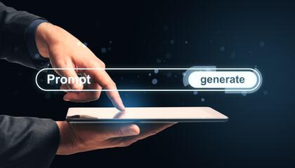 Businessperson using tablet to input prompt and generate output with futuristic digital interface...
