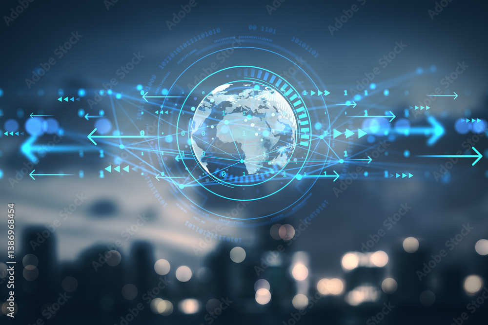 Aufkleber Digital globe with data flow arrows and binary code over city skyline at night, symbolizing global technology and information transfer concept.