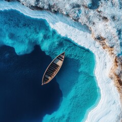 Tranquil wooden rowboat floating on turquoise waters near pristine shoreline